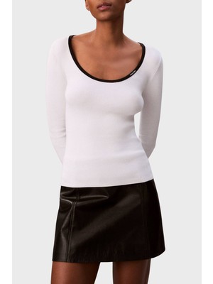 Calvin Klein Pamuklu Slim Fit Bisiklet Yaka Fitilli Kazak LV044D360GUB1 Bayan Kazak LV044D360G Ub1