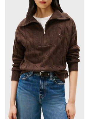 Tommy Hilfiger % 100 Yün Relaxed Fit Yarım Fermuarlı Dik Yaka Örgü Kazak Bayan Kazak WW0WW46425 Gv0