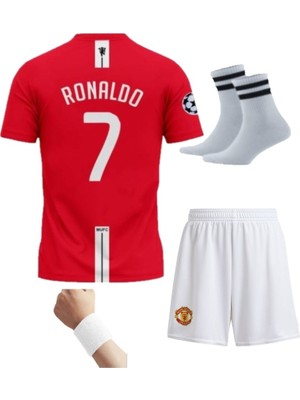 2008 Sezon Retro Ronaldo Kırmızı Futbol Çocuk Forması 4'lü Set Çorap Bileklik Hediyeli
