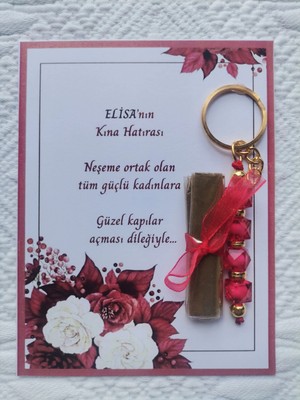 100 Adet Kişiye Özel Kına Hatırası Dağıtmalık Hediyelik Kırmızı Anahtarlık ve Paketlenmiş Kına