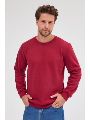 Erkek Bordo Standart Fit Normal Kesim Pamuklu Basic Bisiklet Yaka Sweatshirt