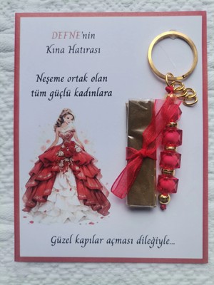 64 Adet Kişiye Özel Kına Hatırası Dağıtmalık Hediyelik Kırmızı Anahtarlık ve Paketlenmiş Kına