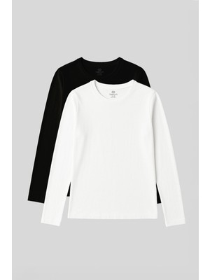 Standart Fit Basic O Yaka 2li Paket Siyah-Beyaz Kadın T-Shirt - 97312