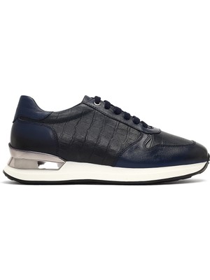 Erkek Lacivert Bağcıklı Kalın Tabanlı Deri Sneaker 25WFD622214