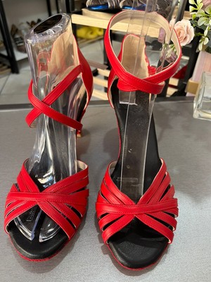 7 Bantlı Yeni Model Salsa Baçata Latin Dansları 6 cm Kadeh Topuklu Dans ve Salon Ayakkabısı Kırmızı