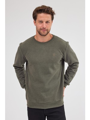 Erkek Haki Standart Fit Normal Kesim Pamuklu Basic Bisiklet Yaka Sweatshirt