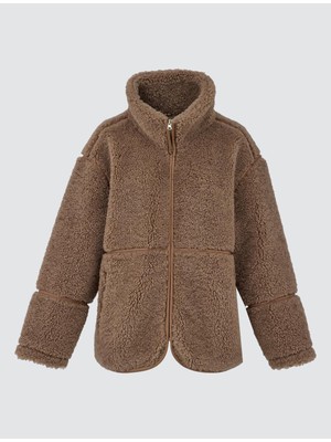 Jimmy Key Açık Kahve Dik Yaka Cep Detaylı Fermuarlı Peluş Mont