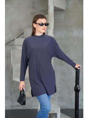 Penye Bizden Tesettür Extra Uzun Tunik Füme Renk Düz Desenli Örme Kumaş Kadınlar İçin Şık Tasarım