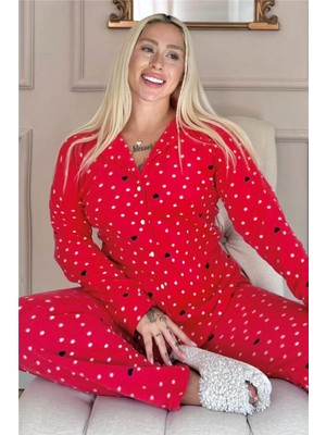 Kırmızı Point Heart Desenli Önden Düğmeli Peluş Polar Pijama Takımı