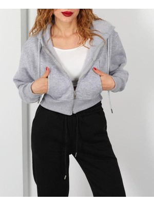 Kapüşonlu 3 Iplik Gri Melanj Kadın Crop Sweatshirt Ceket