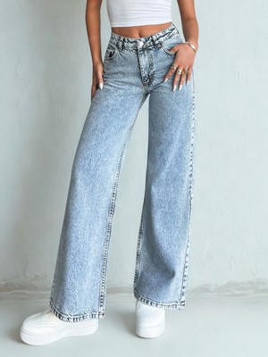 Kadın Açık Mavi Yüksek Bel Bol Paça Kot Pantolon Jeans