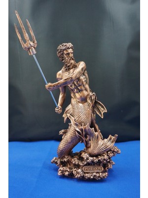 Poseidon Heykel Biblo Tasarım - 30 cm Mitolojik Obje Hediyelik Eşya Ev Dekor Bakır