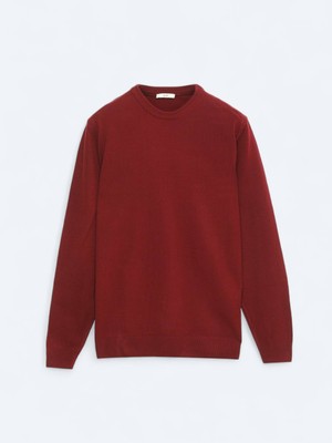 Bordo Bisiklet Yaka Düz Örgü Triko Kazak