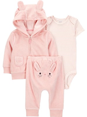 Carter's Kız Bebek Pembe 3lü Hırkalı Yumuşak Kumaşlı Sevimli Desenli Hırka Seti