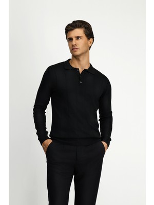 Polo Club Polo Yaka Düğmeli Regular Fit Çizgili Triko Kazak