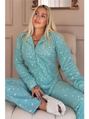 Pijama Evi Mint Moon Stars Desenli Önden Düğmeli Peluş Polar Pijama Takımı