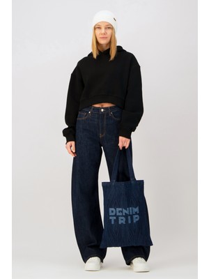 Denim Trip Oversize Fit Nakışlı Siyah Crop Kadın Hoodie / Sweatshirt