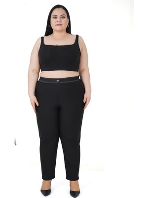 Kadın Büyük Beden Boru Paça Toparlayıcı Yüksek Bel Siyah Ekstra Battal Pantalon