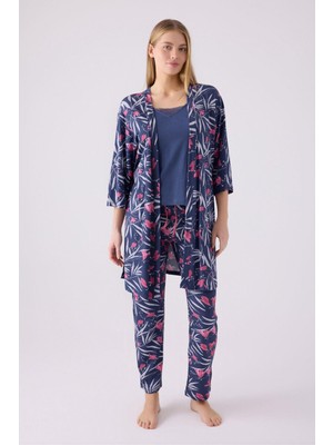 Pierre Cardin Kadın Mor Sabahlıklı Uzun Kol Ip Askılı V Yaka 3'lü Pijama Takım