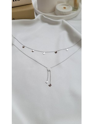 Gümüş Iki Sıra Kelebek%mine Detaylı Çelik Kolye