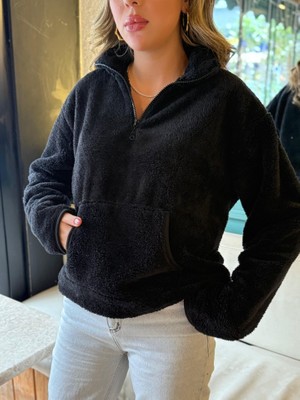 Kadın Uzun Kollu Önden Fermuarlı Cepli Peluş Sweat