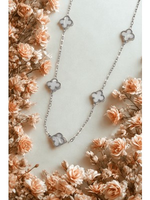 Zarif Kadın Için Silver Çelik Mini Beyaz Sedefli Yonca Kolye