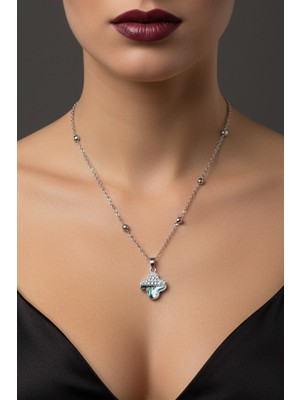 Gümüş Renk Van Cleef Yonca Taşlı Altı Sedef Model Top Zincir Çelik Kolye-  3776