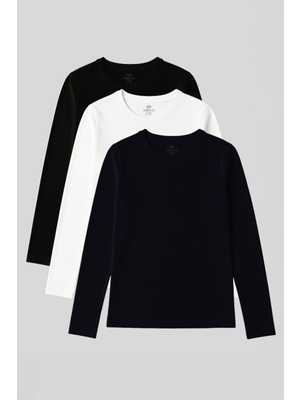 Standart Fit Basic O Yaka 3lü Paket Siyah-Beyaz-Lacivert Kadın T-Shirt - 97312
