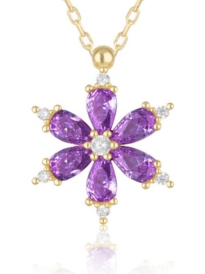 Altın Renk Mor Damla Taşlı Lotus Kamelya Çiçeği Çelik Kolye - 3418