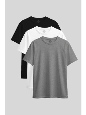 Standart Fit Basic O Yaka 3lü Paket Siyah-Beyaz-Gri Melanj Kadın T-Shirt - 97311