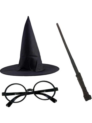 Harry Potter Siyah Şapkası Harry Potter Gözlüğü Harry Potter Asası 3 Lü Set