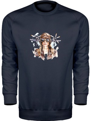 Kadın Pilot Temalı Unisex Sweatshirt