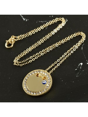 Zeroshop Yuvarlak Isim Yazılabilir Taşlı Boş Plaka Kolye-Sarı