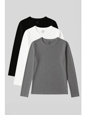 Standart Fit Basic O Yaka 3lü Paket Siyah-Beyaz-Gri Melanj Kadın T-Shirt - 97312