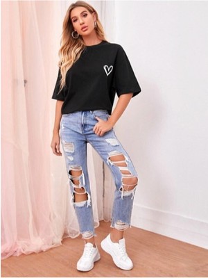 Marecash Minimal Kalp Baskılı Siyah Oversize Tshirt