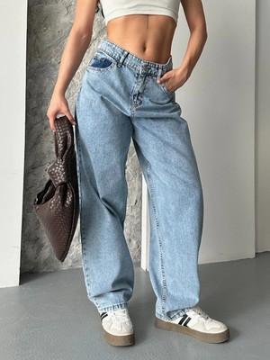 Baggy Kar Yıkama Orta Mavi Jeans Pantolon D2007
