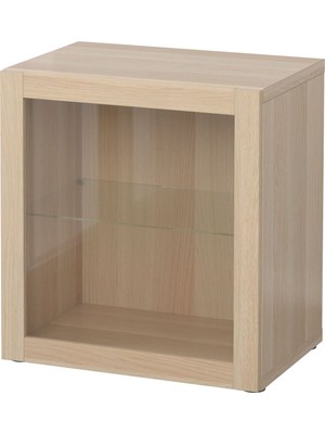 Raf Ünitesi, Ağartılmış Meşe Görünümlü-Beyaz Meşe Görünümlü-Şeffaf Cam, 60X40X64 Cm, Sındvık