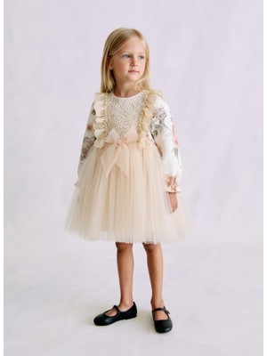 Kız Çocuk Pamuklu Dantel Çiçek Desenli Tül Elbise - Fiyonklu Özel Gün Elbisesi