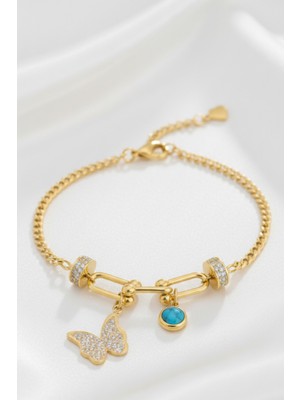 Altın Kaplama Kelebek ve Turkuaz Taş Detaylı 316 L Paslanmaz Çelik Kadın Bileklik