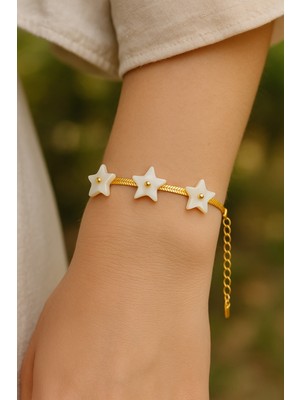 316 L Altın Renkli Yıldız Detaylı Yassı Model Kadın Çelik Bileklik – Görünümlü Zarif Tasarım
