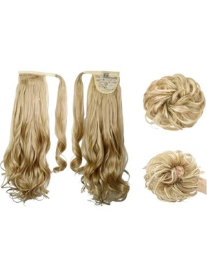 Ikili Set - Küllü Sarı Dalgalı At Kuyruğu ve Dağınık Topuz Lastik Tokalı Set 60 cm