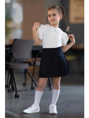 Pileli Şort Etek - Lacivert