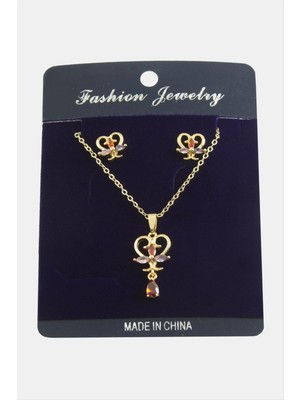 Zengezur Kalp Zirkon Taşlı Set Kolye-Gümüş Rengi