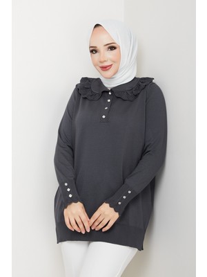 Kadın Dantel Detaylı Merserize Triko Tunik -PMK461