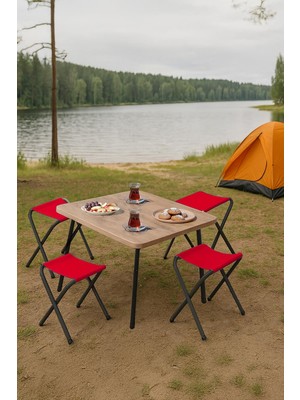 Exent 45X60 cm Kamp Sehpası + 4 Adet Kırmızı Tabure Piknik, Bahçe Balkon Sehpası Katlanır Sehpa-A-4k