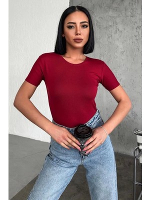 Rahat ve Şık Kısa Kollu Bisiklet Yaka Likralı Viskon Penye Body Bordo ( Lisinya )