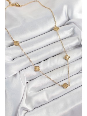 316L Çelik Yonca Model Gold Renk Kadın Kolye - Lisinya