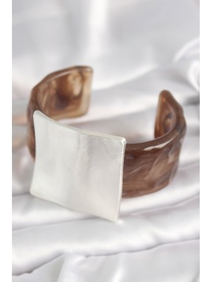 Kahverengi Mermer Desen Akrilik Plastik Gümüş Kare Plaka Model Vintage Kadın Bilezik - Lisinya