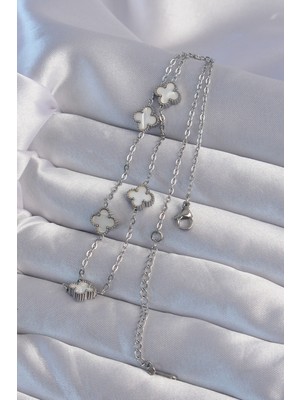 316L Çelik Gümüş Renk Minimal Beyaz Sedefli Yonca Kolye - Lisinya