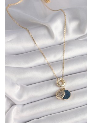 316L Çelik Gold Renk Zincir Zirkon Taşlı Kalp Model Mavi Simli Kadın Kolye - Lisinya